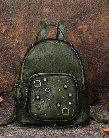 Best Vintage Rivet Black Gray Leather Rucksack Womens Small School Backpacks Leather Backpack Purse