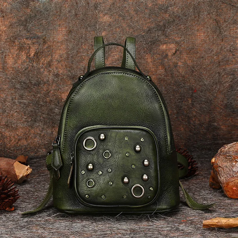 Best Vintage Rivet Brown Leather Rucksack Womens Small School Backpacks Leather Backpack Purse