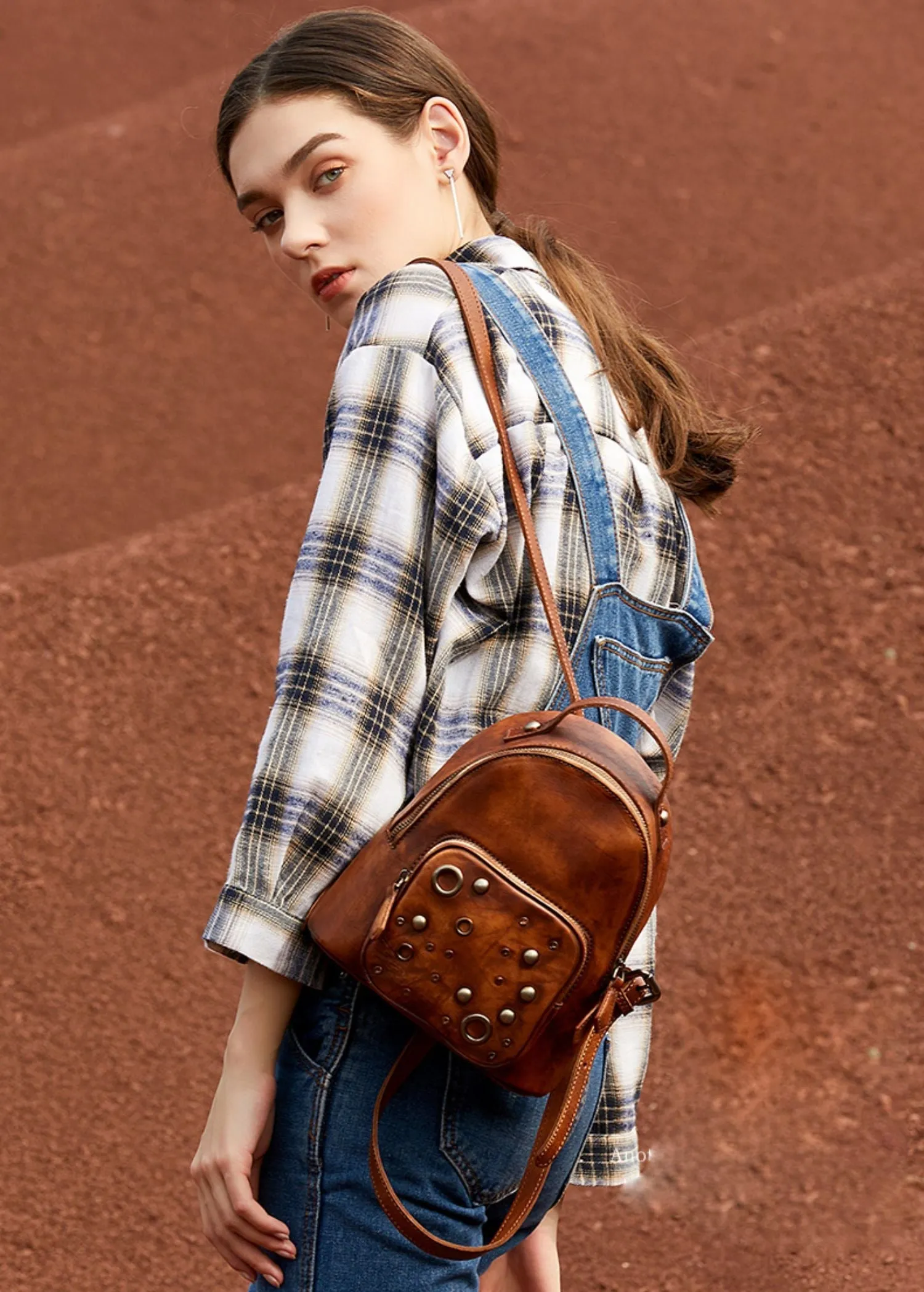 Best Vintage Rivet Brown Leather Rucksack Womens Small School Backpacks Leather Backpack Purse