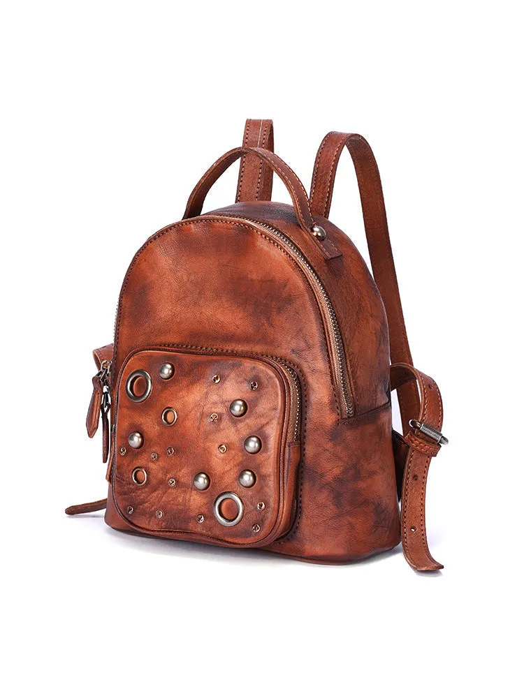 Best Vintage Rivet Brown Leather Rucksack Womens Small School Backpacks Leather Backpack Purse