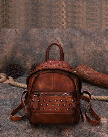 Best Vintage Rivets Leather Rucksack Womens Small School Rucksack Leather Backpack Purse