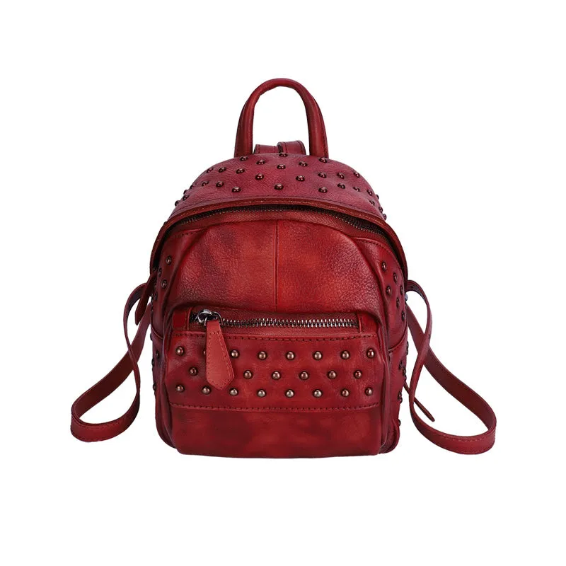 Best Vintage Rivets Leather Rucksack Womens Small School Rucksack Leather Backpack Purse