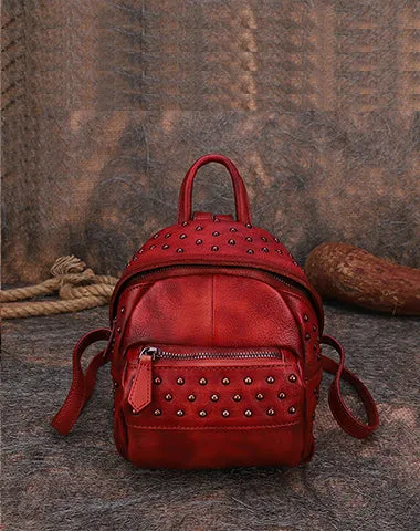 Best Vintage Rivets Leather Rucksack Womens Small School Rucksack Leather Backpack Purse