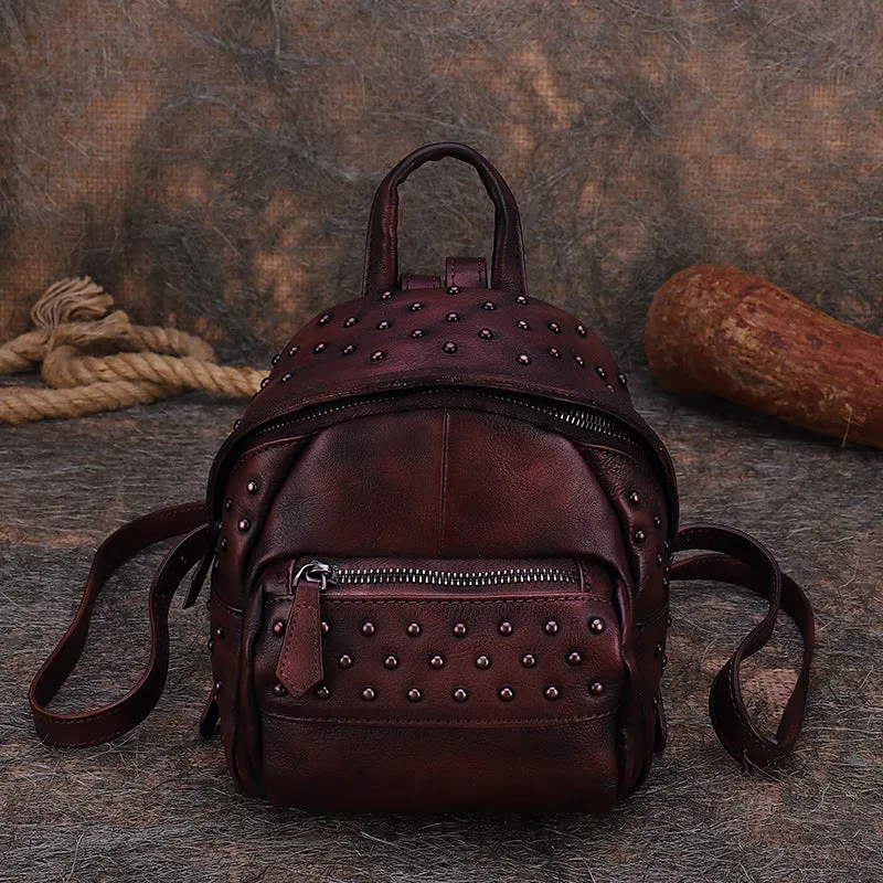 Best Vintage Rivets Leather Rucksack Womens Small School Rucksack Leather Backpack Purse