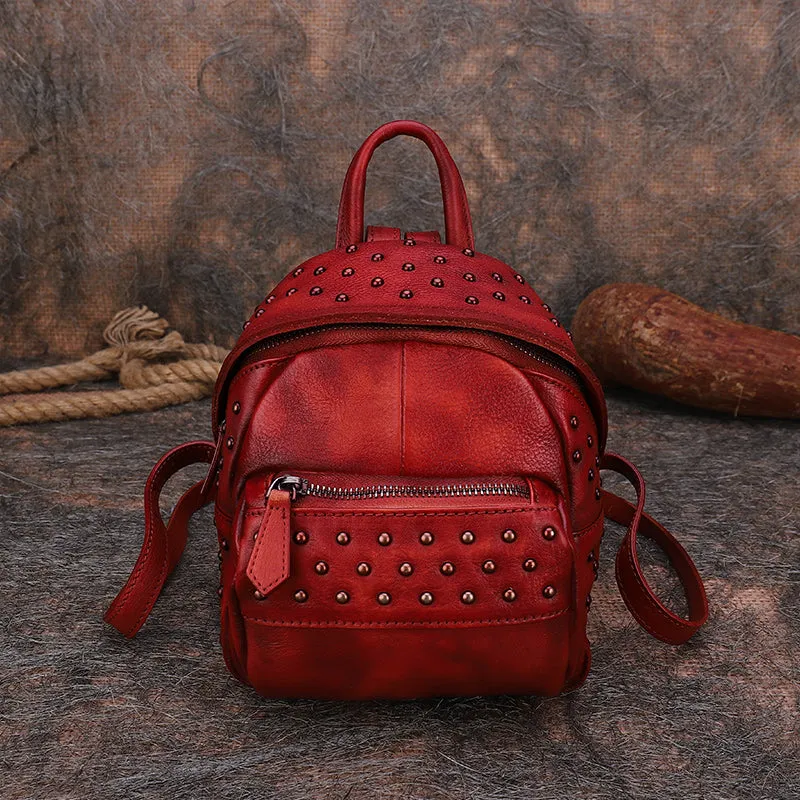 Best Vintage Rivets Leather Rucksack Womens Small School Rucksack Leather Backpack Purse