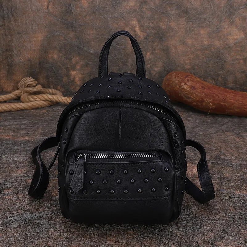 Best Vintage Rivets Leather Rucksack Womens Small School Rucksack Leather Backpack Purse