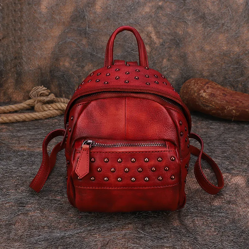 Best Vintage Rivets Leather Rucksack Womens Small School Rucksack Leather Backpack Purse