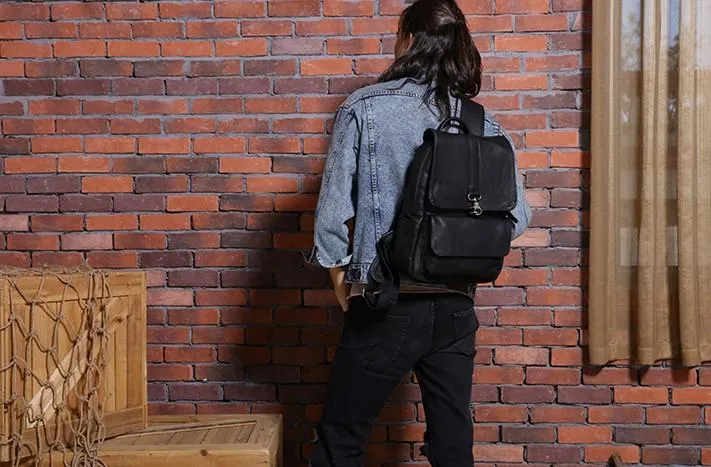 Black Cool Mens Leather Backpacks Travel Backpacks Laptop Backpack for men