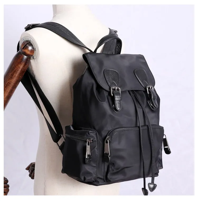 Black Nylon Backpack Womens School Backpacks Purse Nylon Leather Travel Rucksack for Ladies