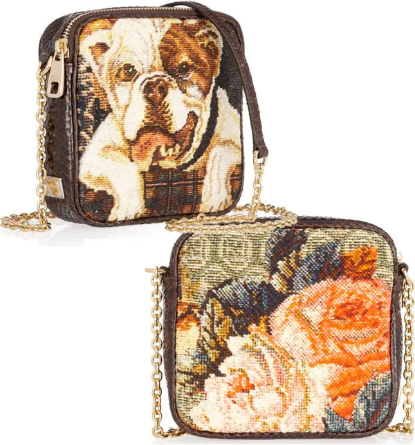 Dolce & Gabbana - Bulldog and Floral Handbag with Gold Metal Chain Link Strap and Python