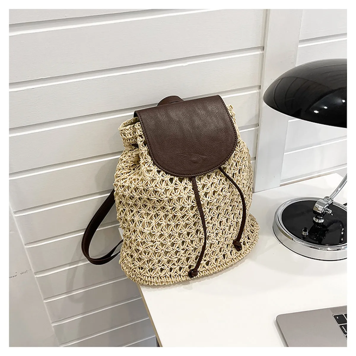 Elena Handbags Straw Woven Backpack with Leather Strap and Flap