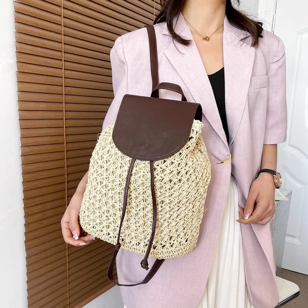 Elena Handbags Straw Woven Backpack with Leather Strap and Flap