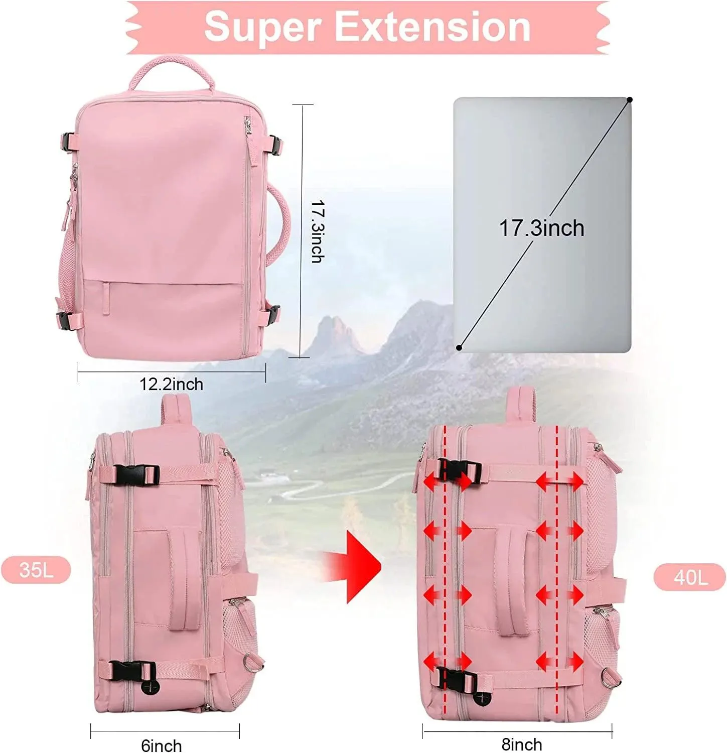 Extra Large Travel Backpack for Women as Person Item Flight Approved, 40L Carry on Backpack, 17 Inch Laptop Backpack, Waterproof Backpack, Hiking Backpack, Casual Bag Backpack(Pink)