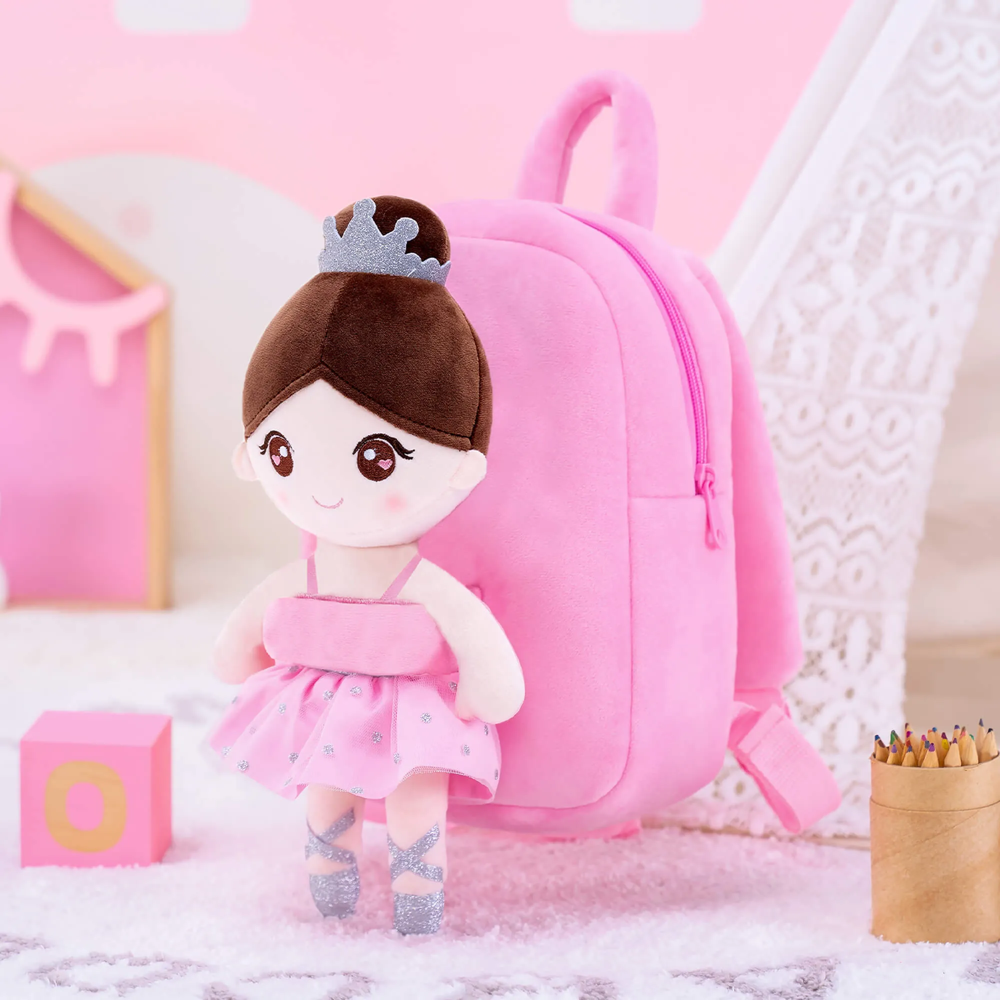 Gloveleya 9-inch Personalized Plush Ballet Girl Dolls Backpack Pink Ballet Dream