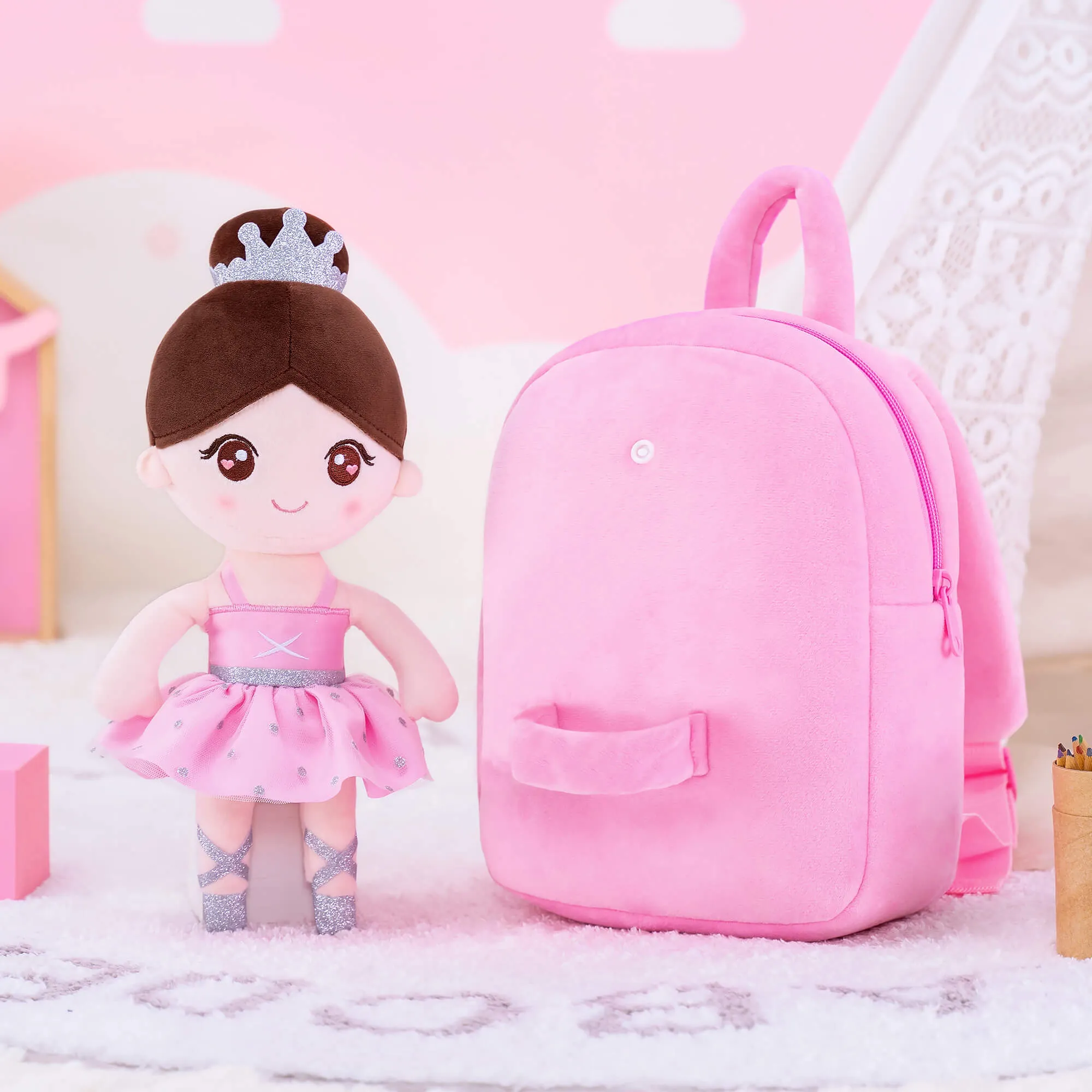 Gloveleya 9-inch Personalized Plush Ballet Girl Dolls Backpack Pink Ballet Dream