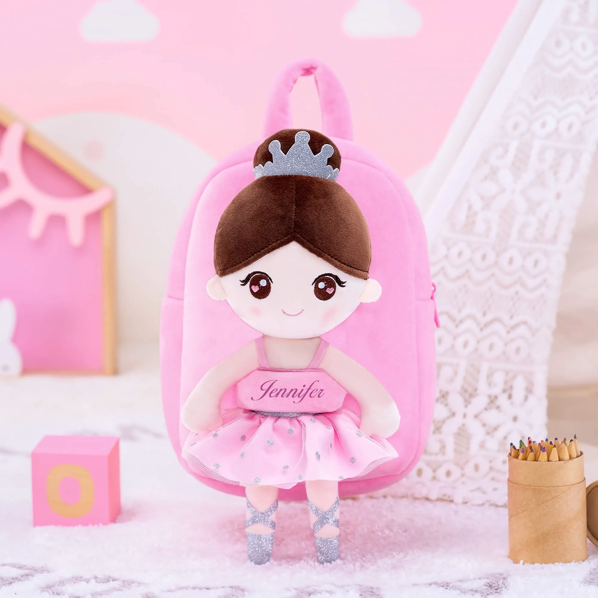 Gloveleya 9-inch Personalized Plush Ballet Girl Dolls Backpack Pink Ballet Dream