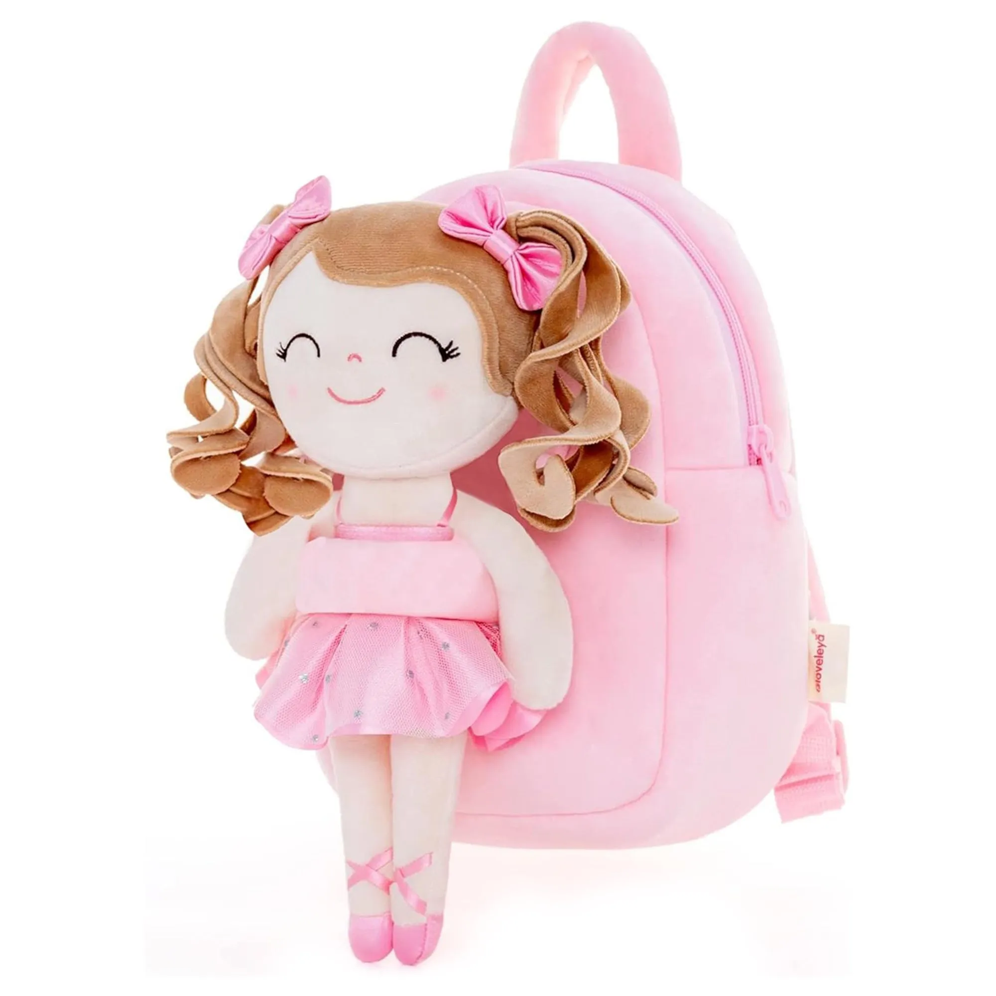 Gloveleya 9-inch Personalized Plush Curly Ballet Girl Dolls Backpack Peach Ballet Dream