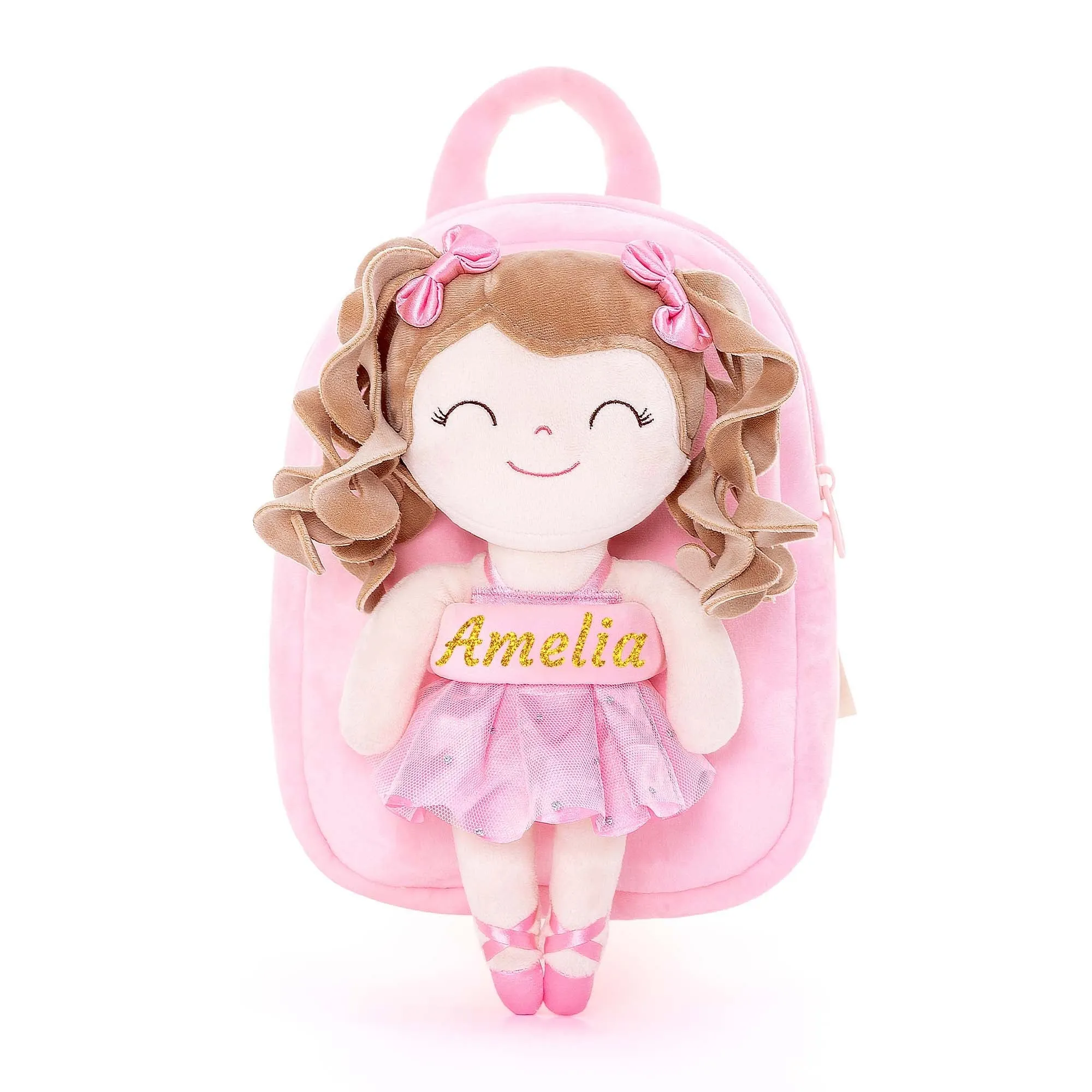 Gloveleya 9-inch Personalized Plush Curly Ballet Girl Dolls Backpack Peach Ballet Dream