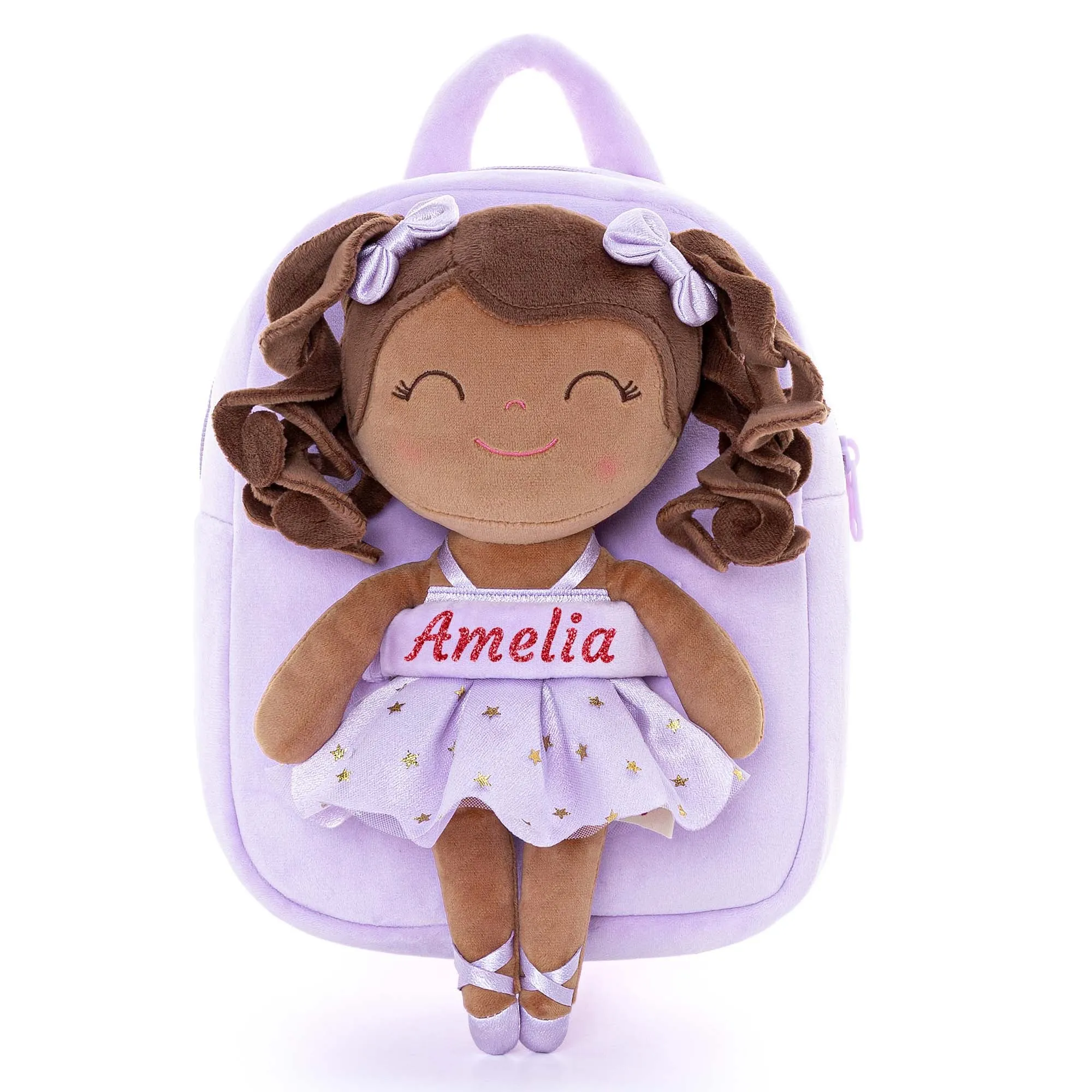 Gloveleya 9-inch Personalized Plush Curly Ballet Girl Dolls Backpack Tanned Purple Ballet Dream