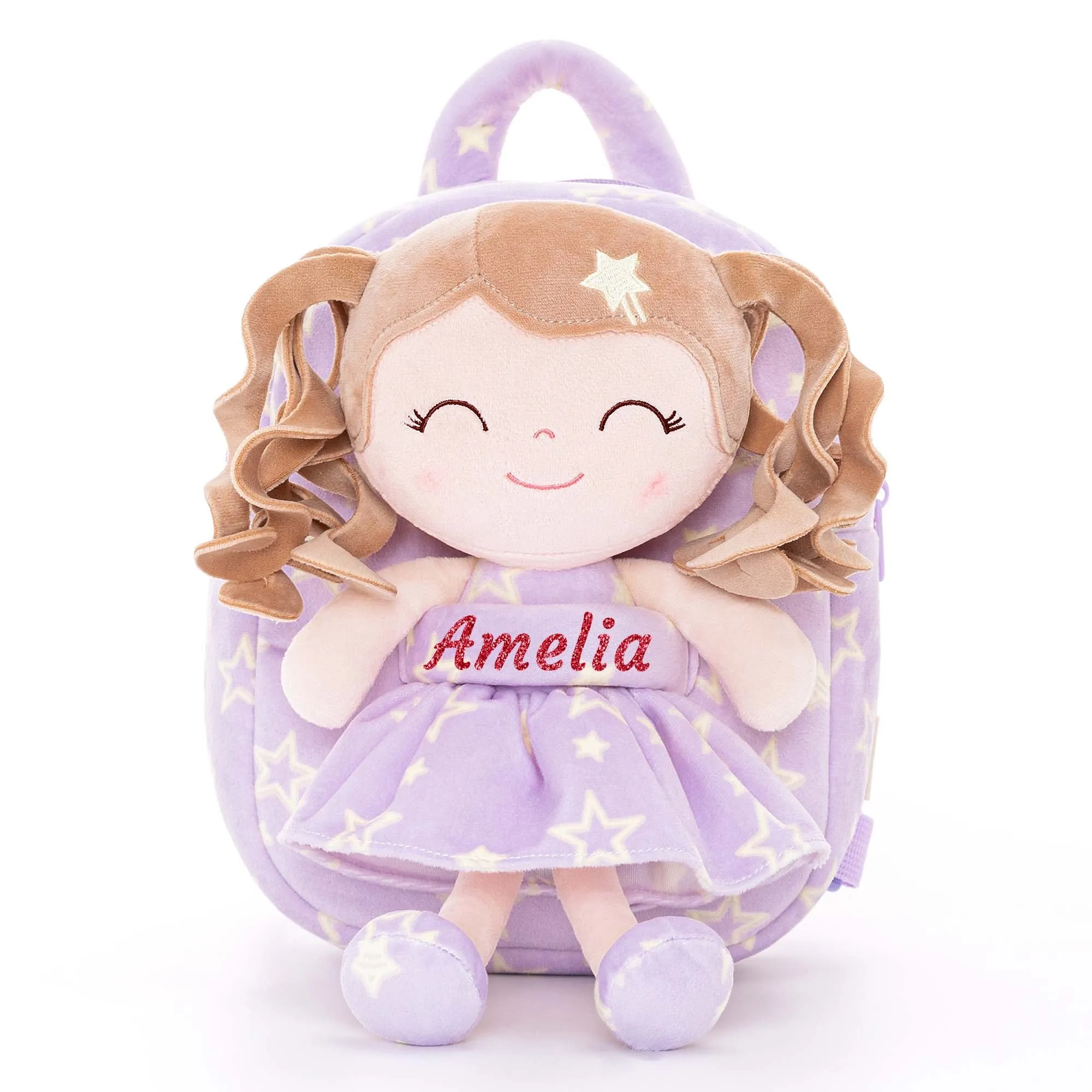 Gloveleya 9-inch Personalized Plush Curly Star Dolls Backpack Purple