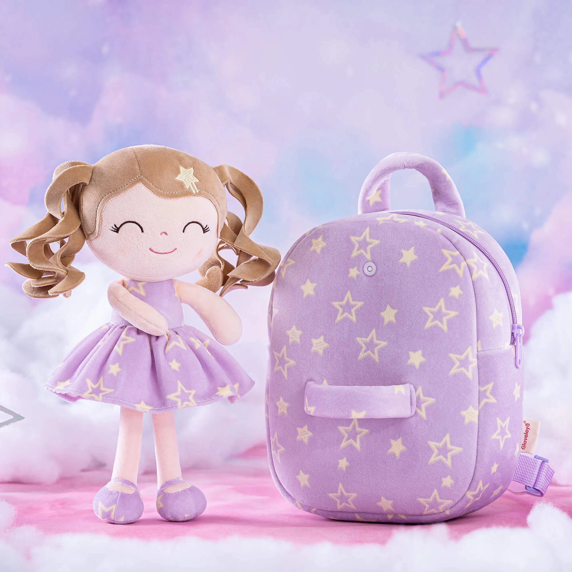 Gloveleya 9-inch Personalized Plush Curly Star Dolls Backpack Purple