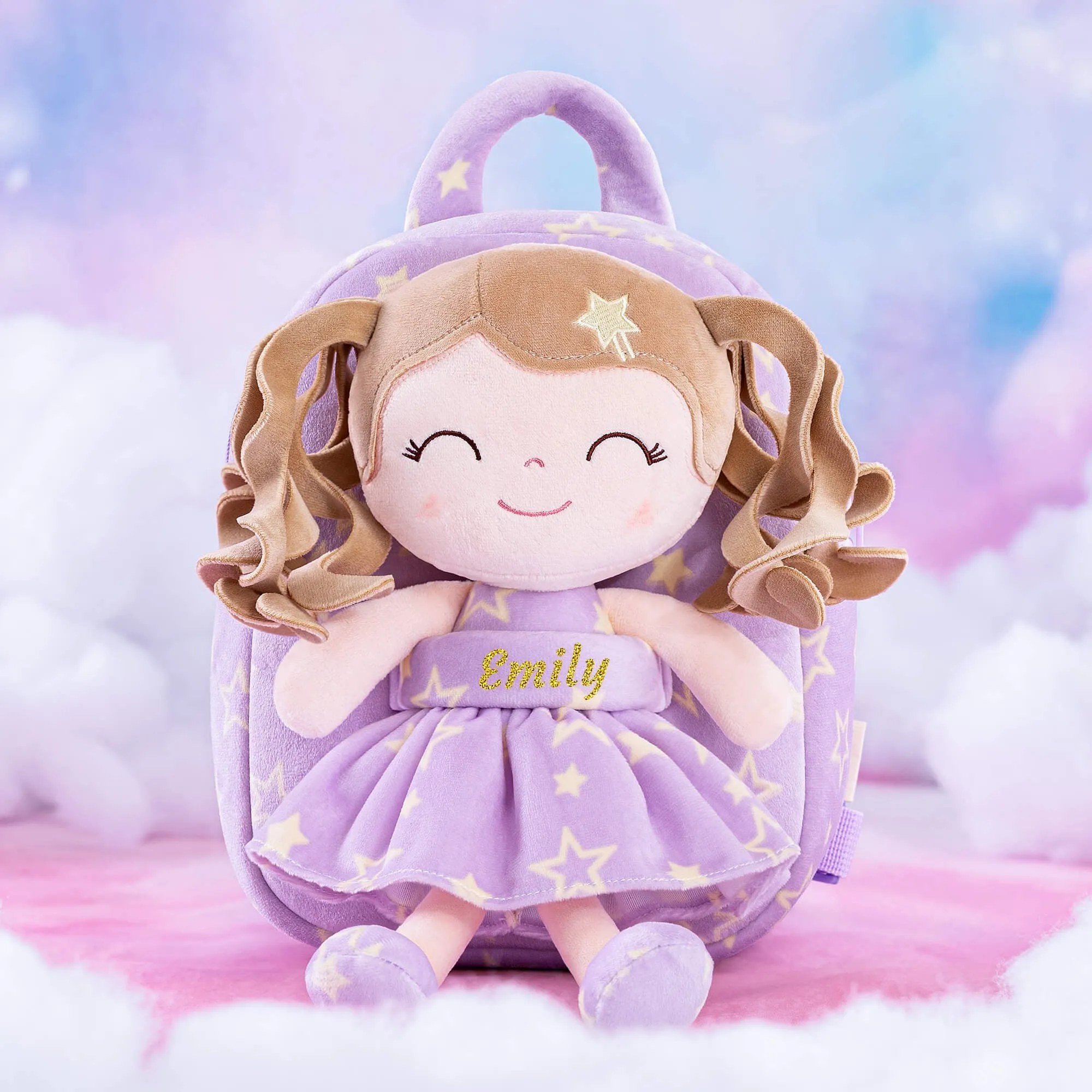 Gloveleya 9-inch Personalized Plush Curly Star Dolls Backpack Purple