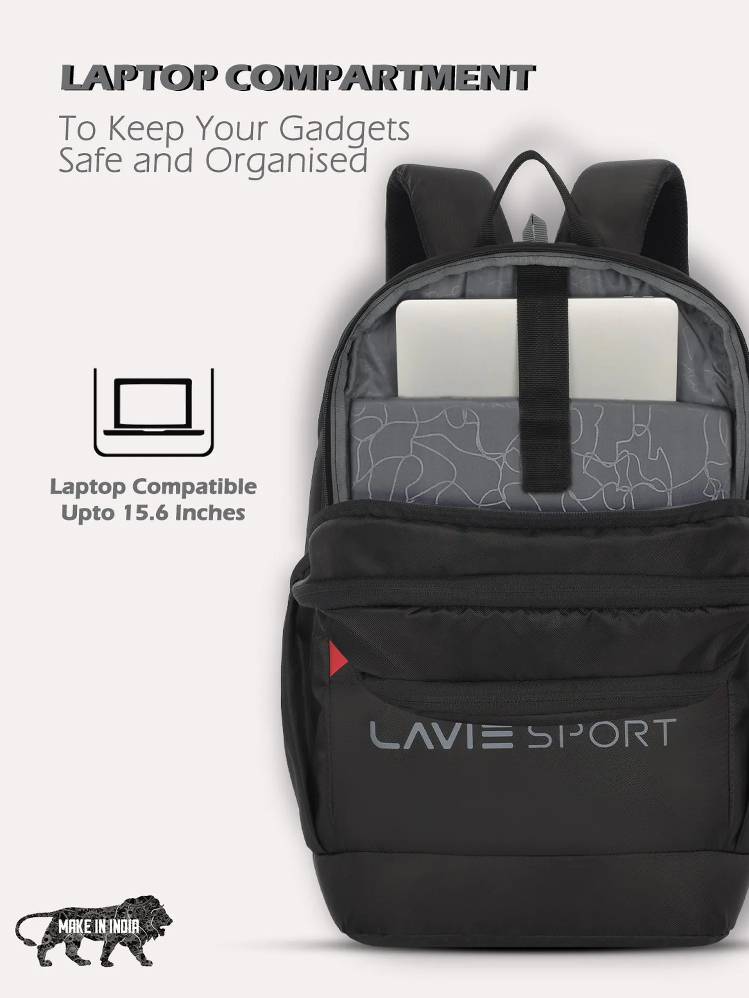 Lavie Sport Arrowhead 33L College Laptop Backpack with Rain cover For Boys & Girls|Men & Women Black