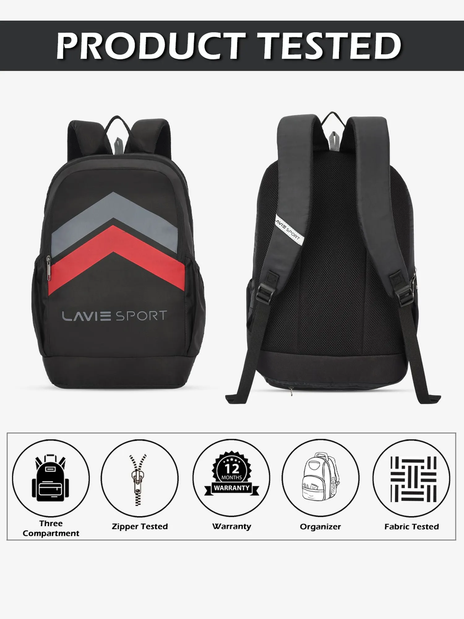 Lavie Sport Arrowhead 33L College Laptop Backpack with Rain cover For Boys & Girls|Men & Women Black