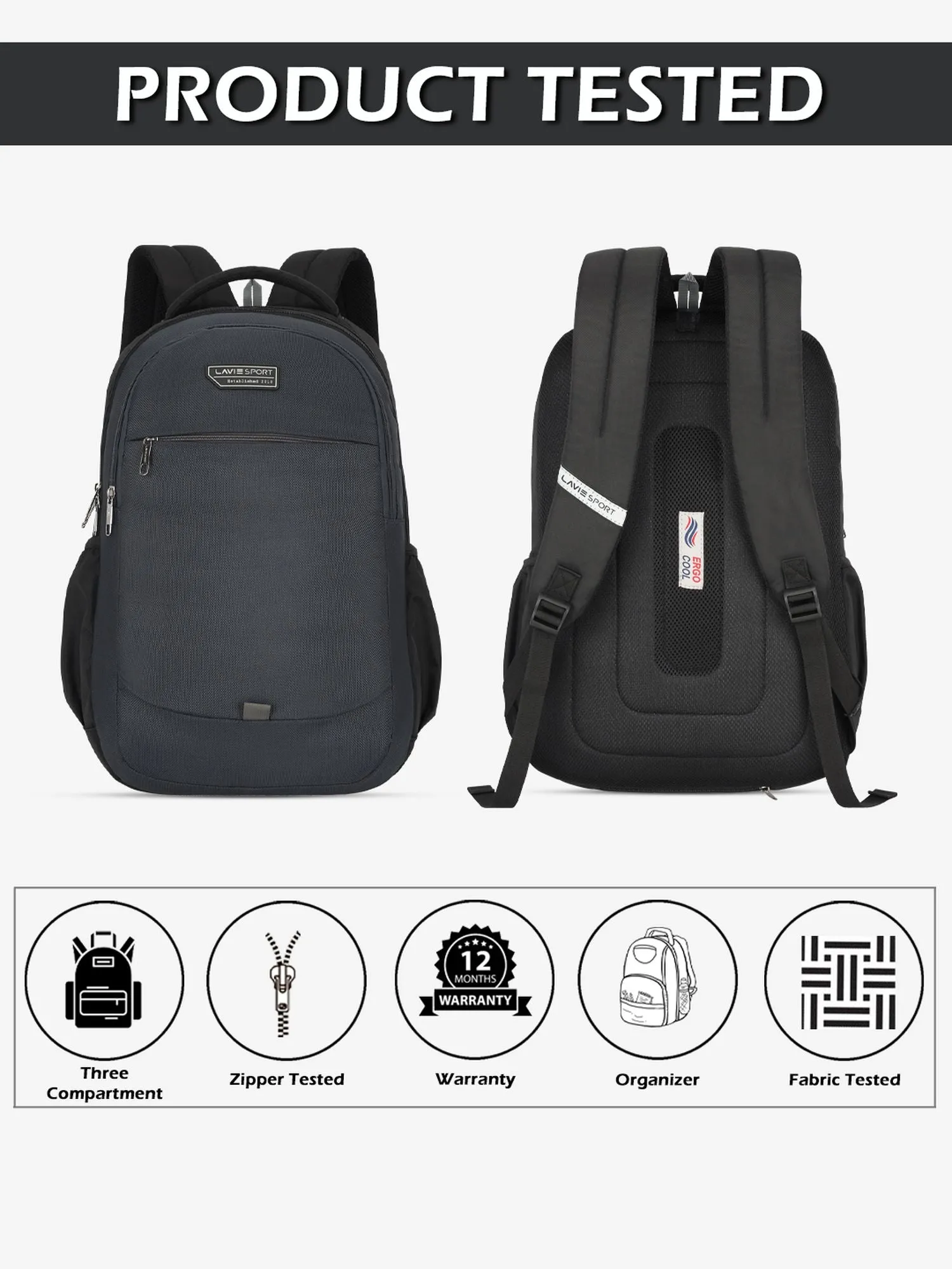 Lavie Sport Graphene Pro 37L Laptop Backpack with Raincover For Men & Women Navy