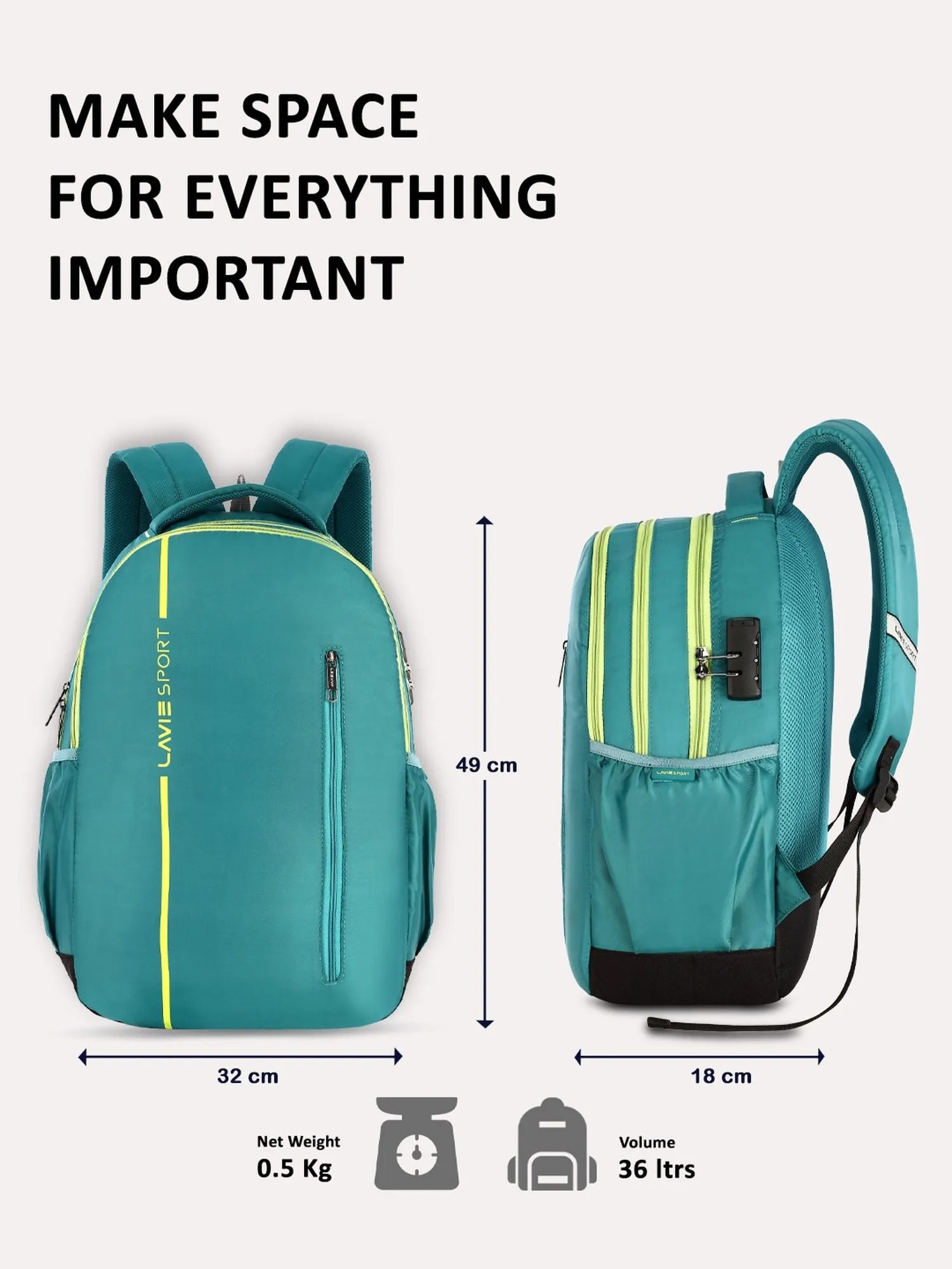 Lavie Sport Streak 36L Anti-theft Laptop Backpack For Men & Women | Laptop Bag For Boys & Girls Teal