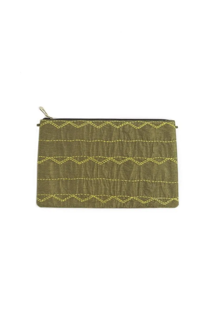 Olive Green Embroidered Pouch