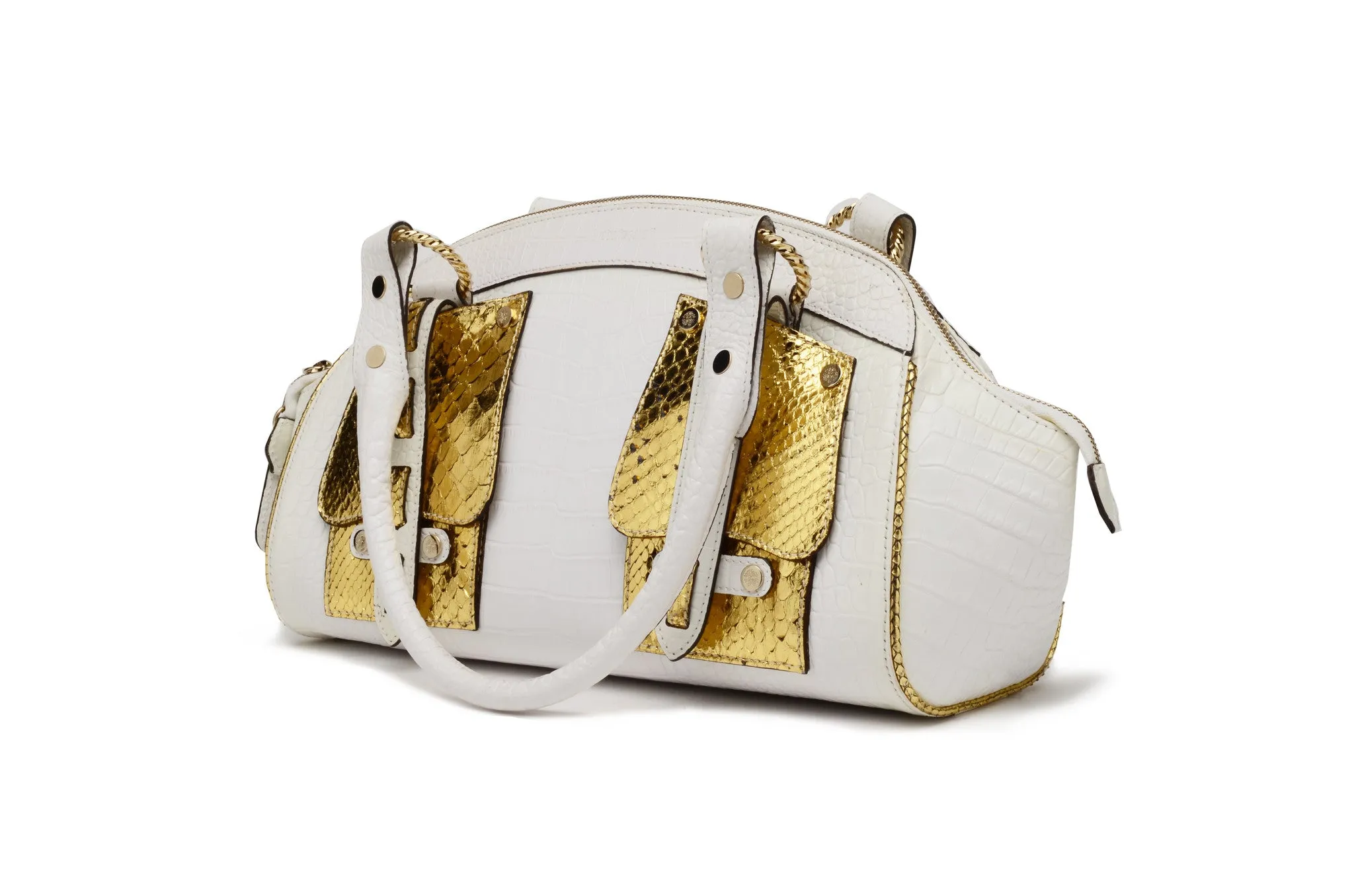 Roberto Cavalli  - White and Gold Leather Bag with Handles